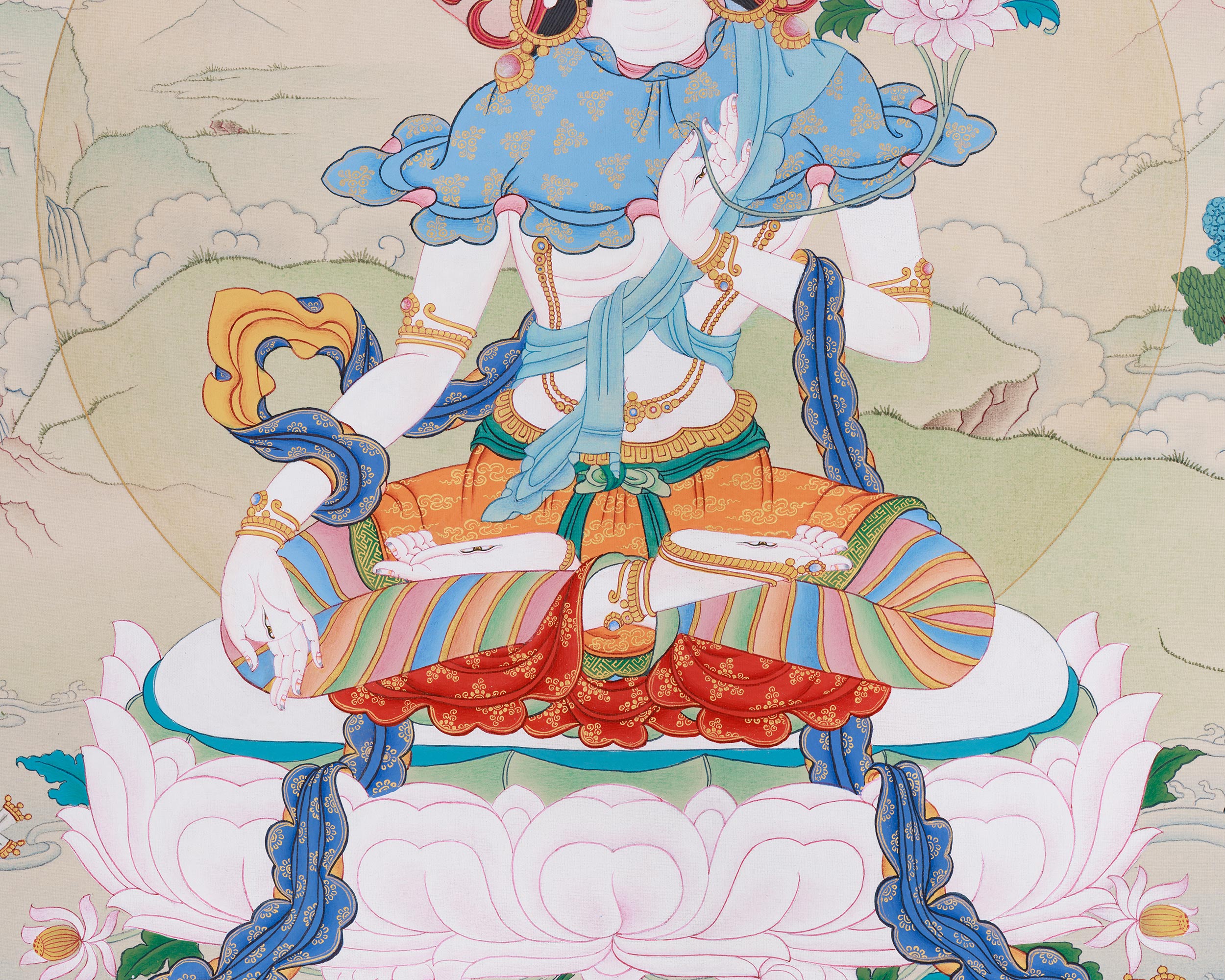 Buddhist Goddess White Dolma | A Sacred Thangka of Purity, Compassion, and Spiritual Healing