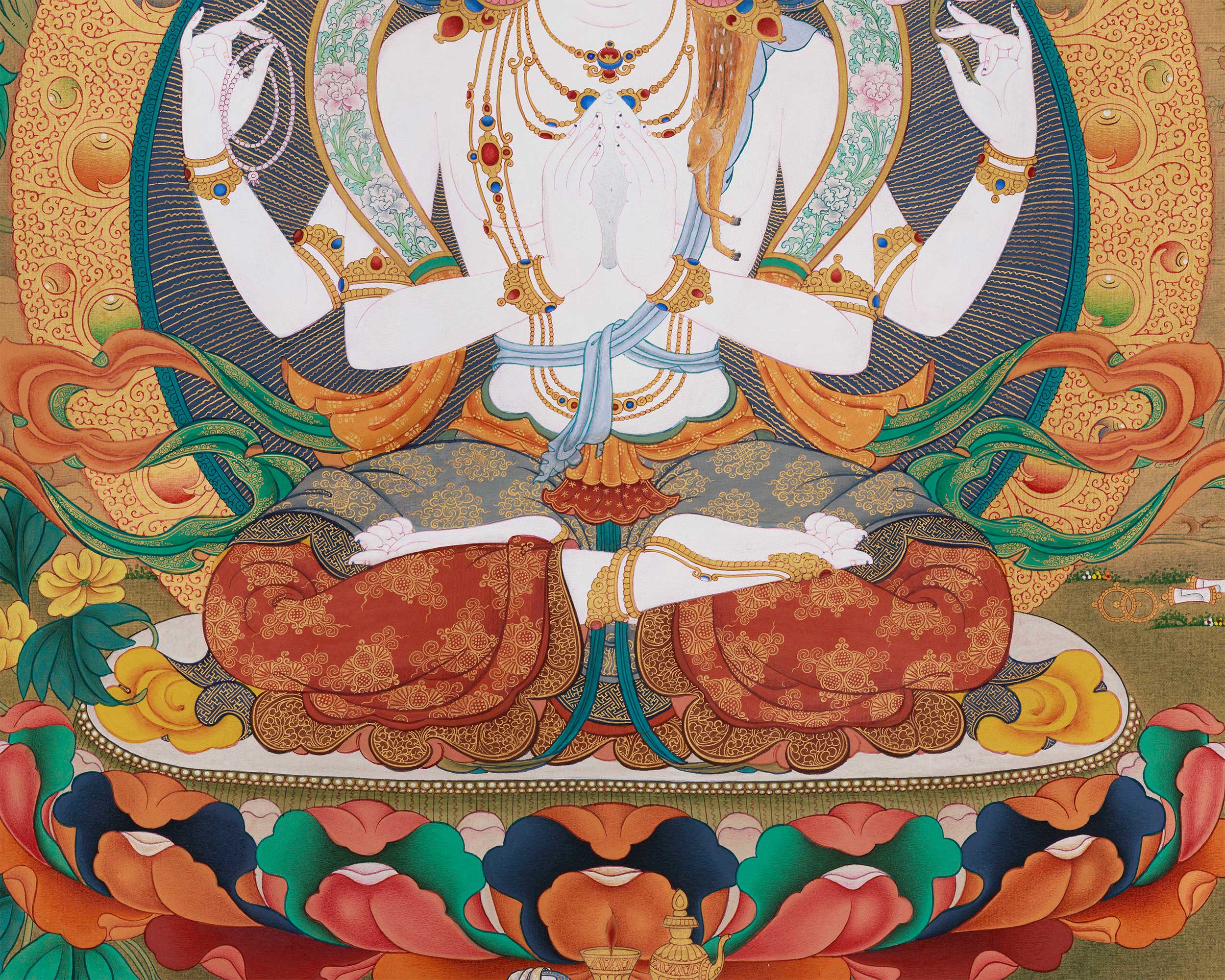 Grand 30x40 Inch Buddhist Thangka of Chenrezig, Manjushri, and Vajrapani | Symbol of Enlightened Trinity