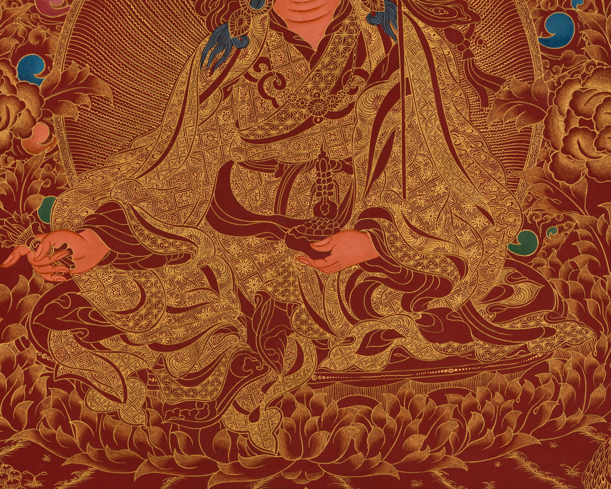 Lotus Born Guru Rinpoche Thangka | Buddhist Master in Red and Gold