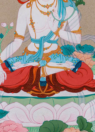 Healing Tara Bodhisattva | White Tara Thangka | Compassion Goddess in Vajrayana Buddhism