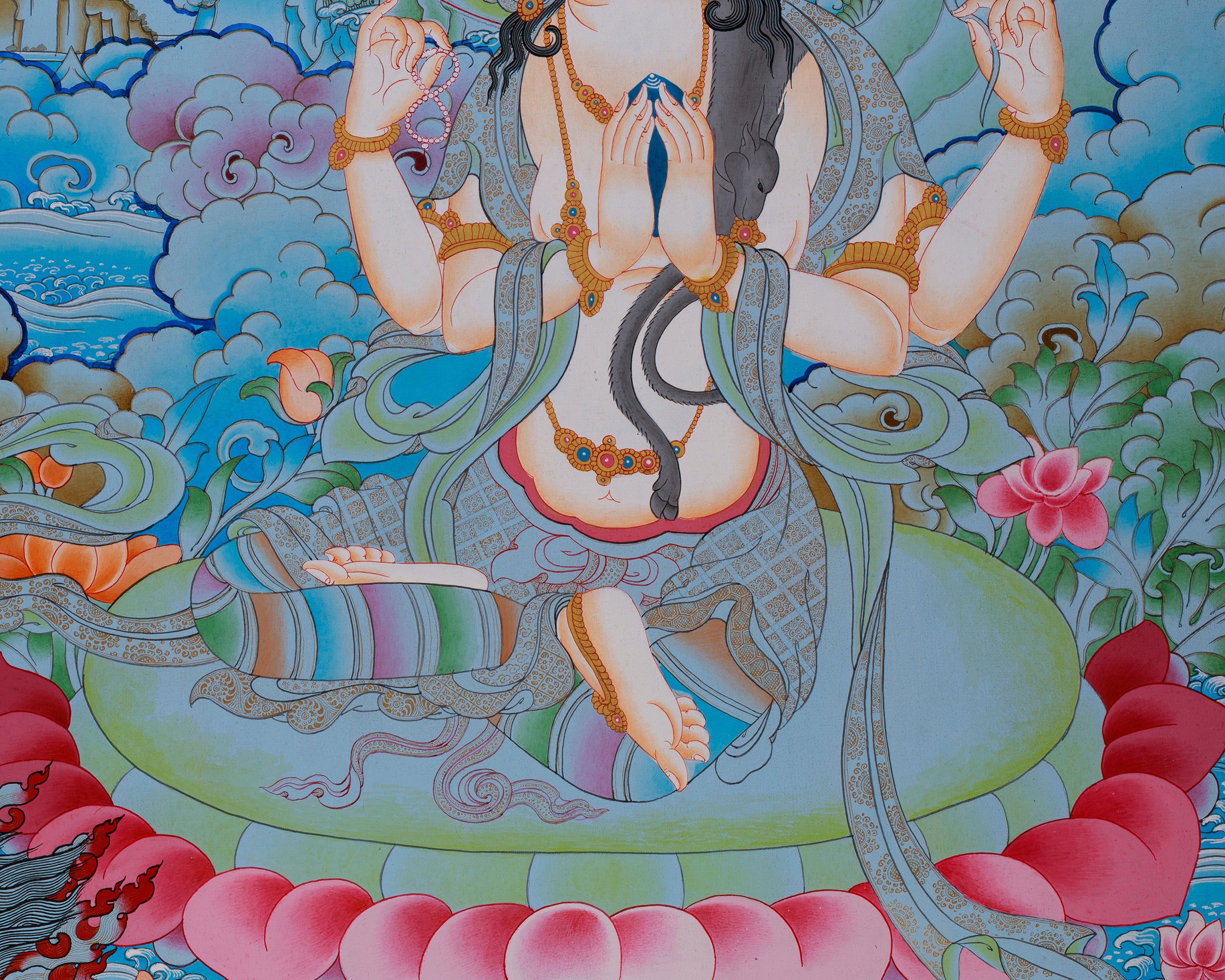 Four Armed Bodhisattva Thangka | Chenrezig Depiction with Manjushri and Vajrapani