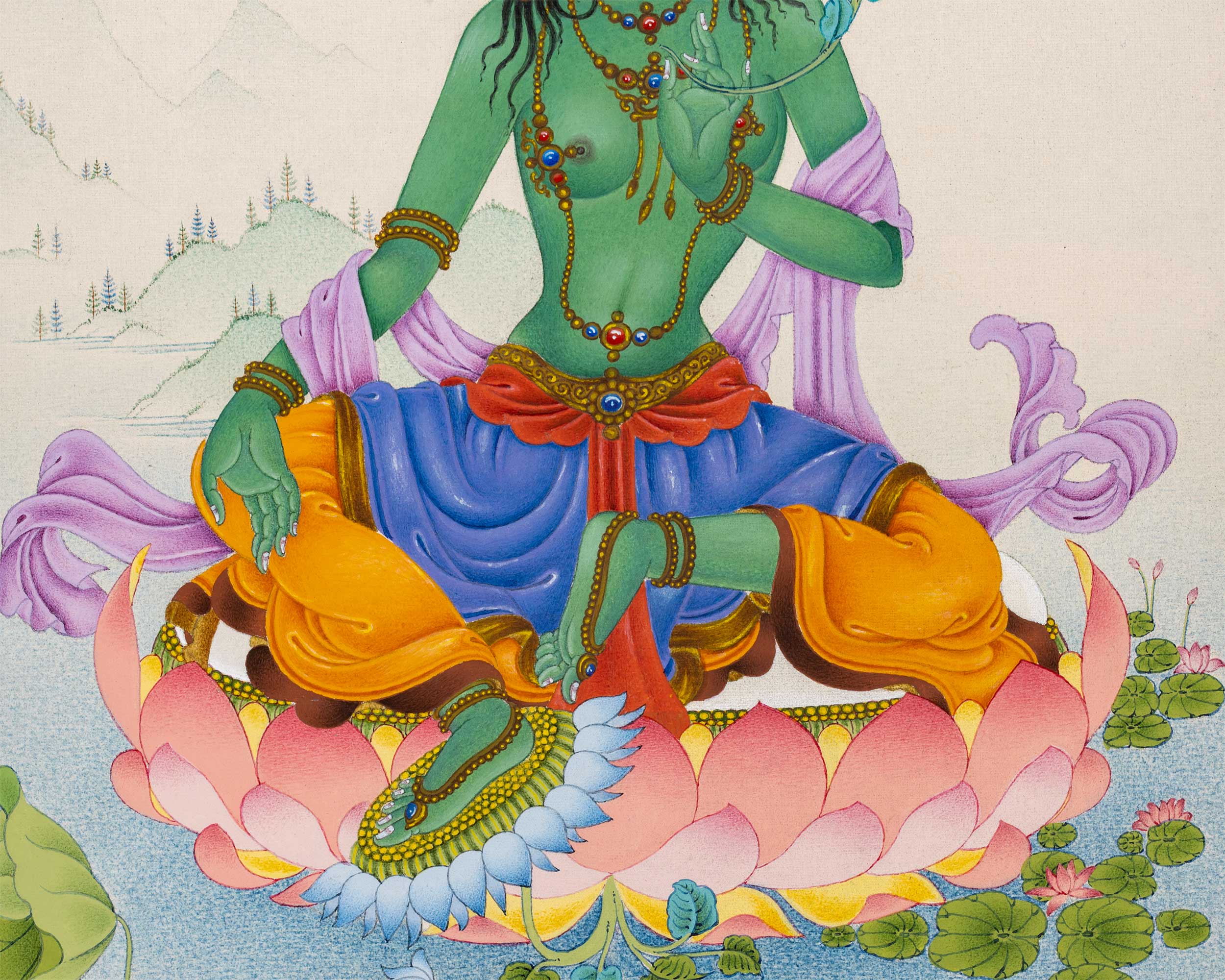 Magnificent Tara Duo: White Tara and Green Tara Thangka Prints
