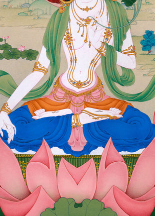 Radiant Grace: An Exquisite White Tara Thangka, Unique Depiction in Exceptional Quality