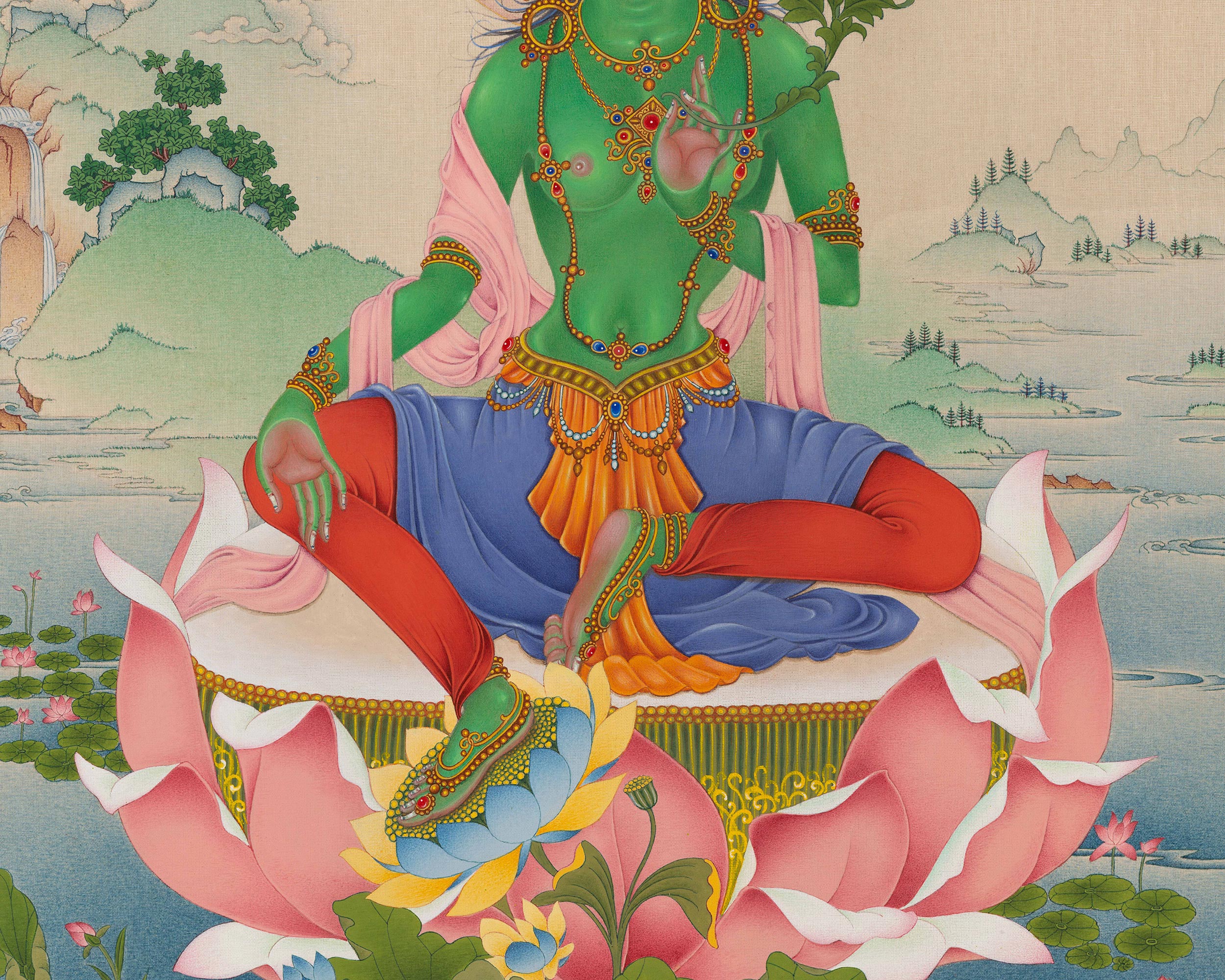 Mother Green Tara, A Thangka Painting in Natural Stone Colors