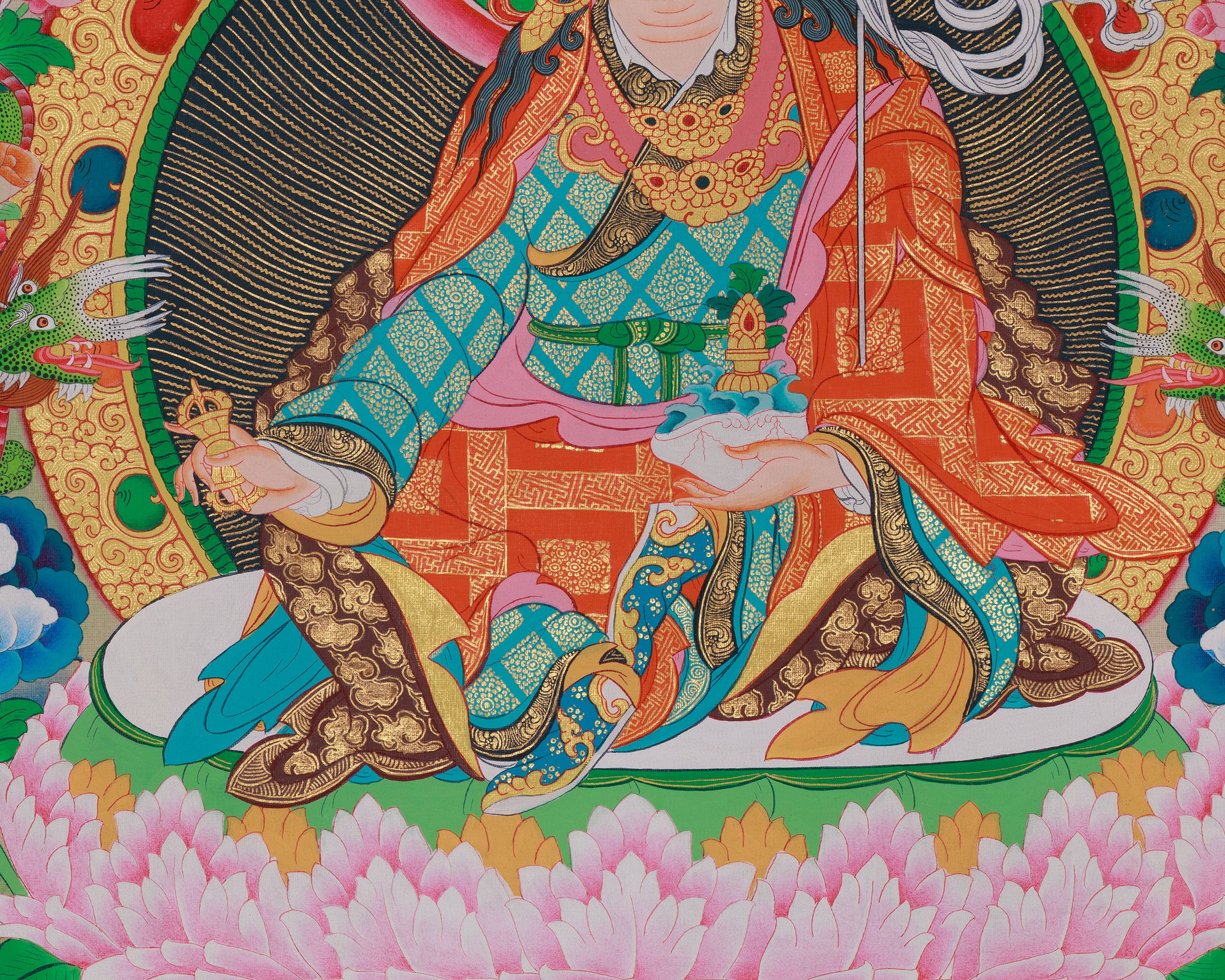 Spiritual Teacher Guru Padmasambhava | With His Two Principal Consort and Five Dhyani Buddhas