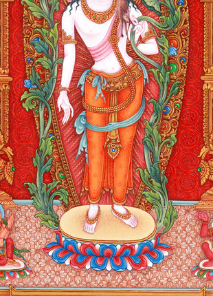 Standing Avalokiteshvara (Guanyin) Thangka Print | 5 Dhyani Buddhas |  High-Quality Giclee Print for Meditation | Paubha Painting