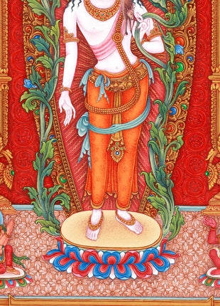 Standing Guanyin Thangka | Avalokiteshvara | 5 Dhyani Buddhas | Paubha Painting Decor