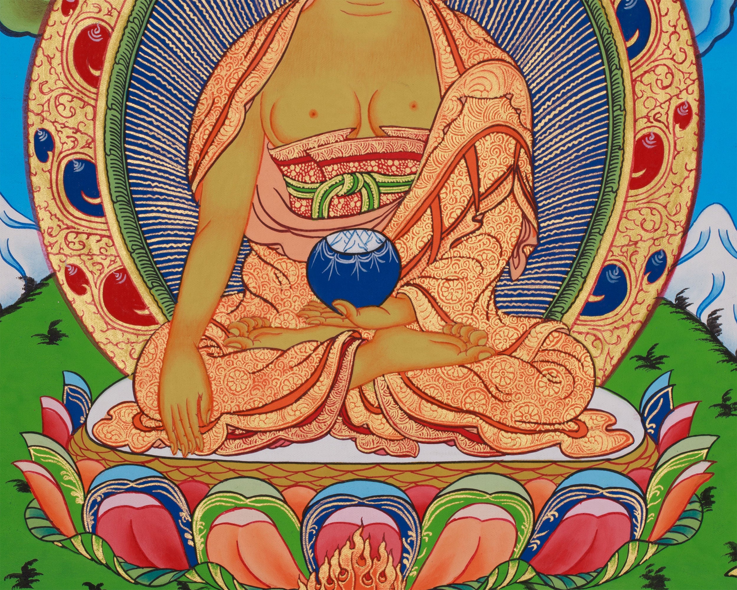 Traditional Buddha Shakyamuni Art | Enlightened One with Guru Rinpoche and Chenrezig
