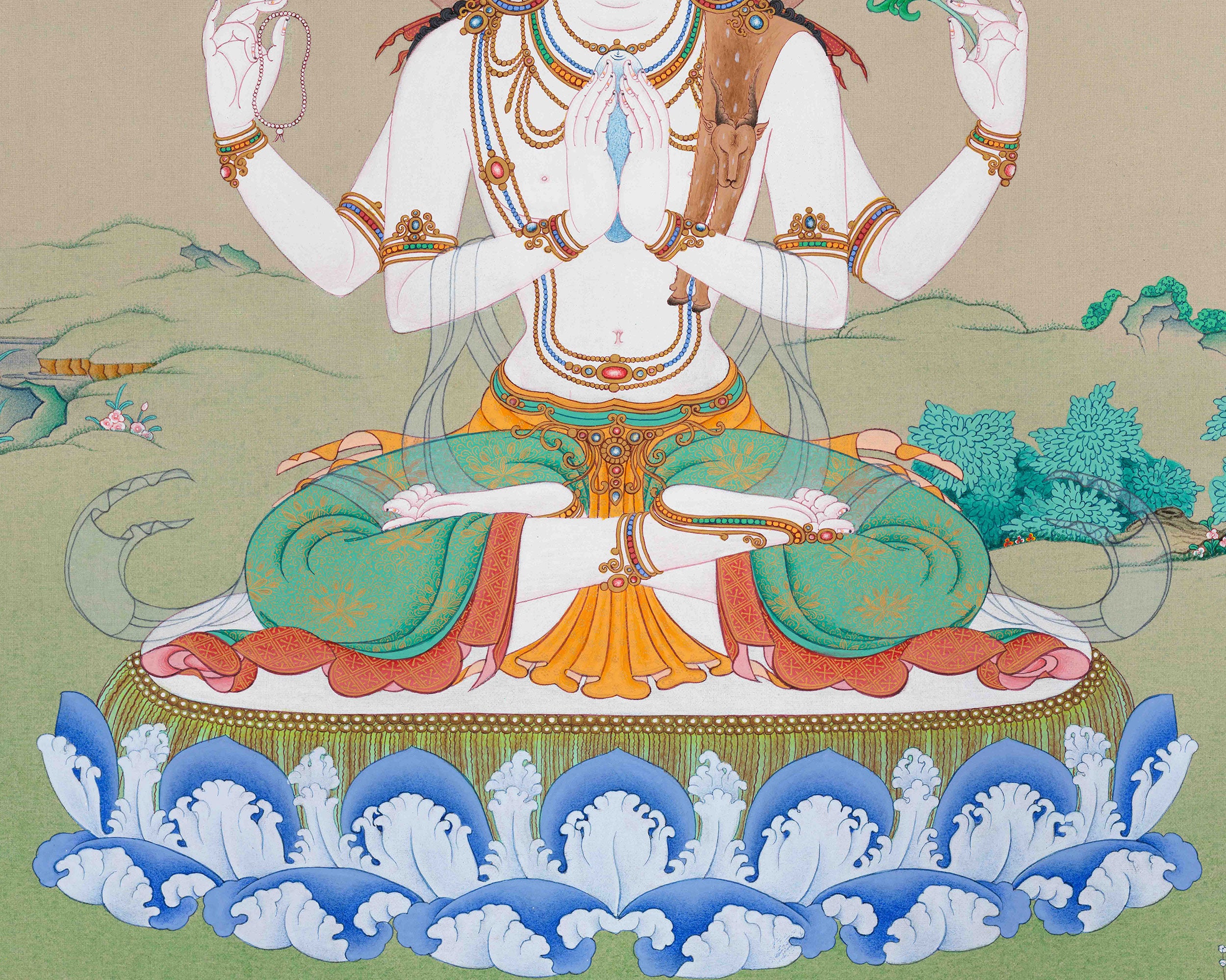 Compassionate Buddha, Chenrezig Thangka | Hand-Painted Karma Gardi Artistry