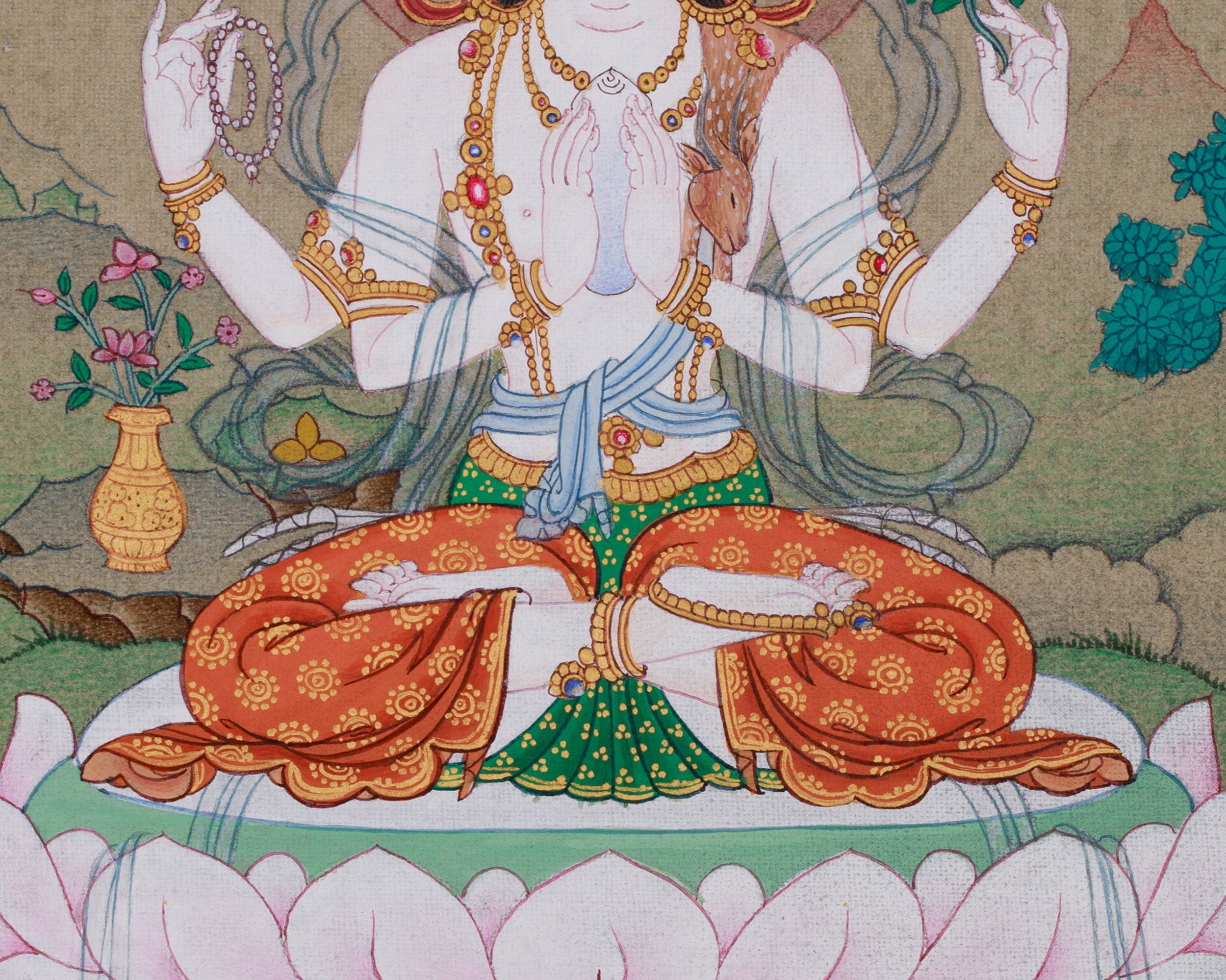 Hand-Painted Tibetan Chenrezig Thangka | Avalokiteshvara Compassionate Deity