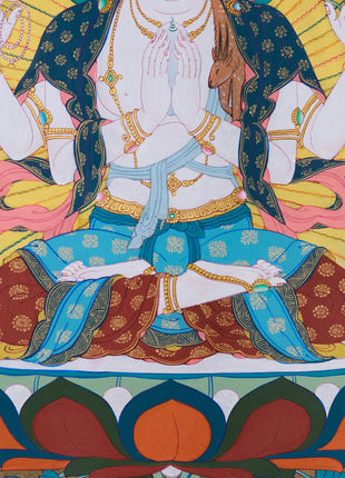 Traditional Thangka of Chenrezig | Featuring Manjushri and Vajrapani