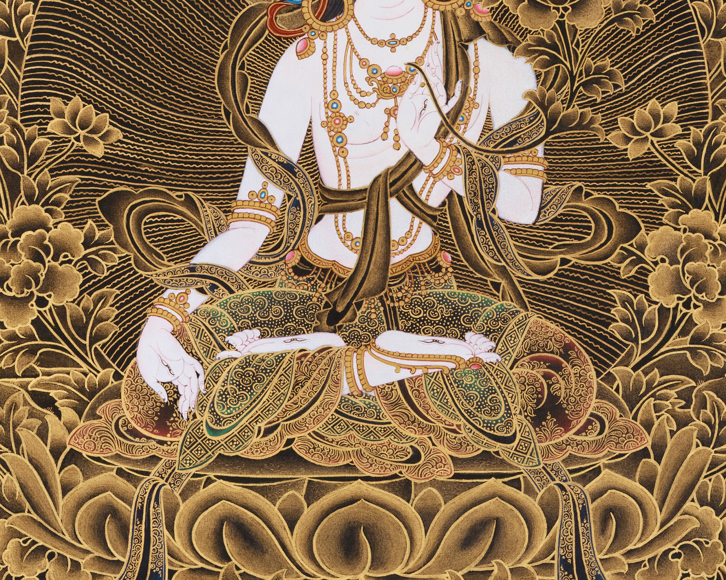 Tibetan White Tara Goddess | Thangka Art of Compassion and Grace