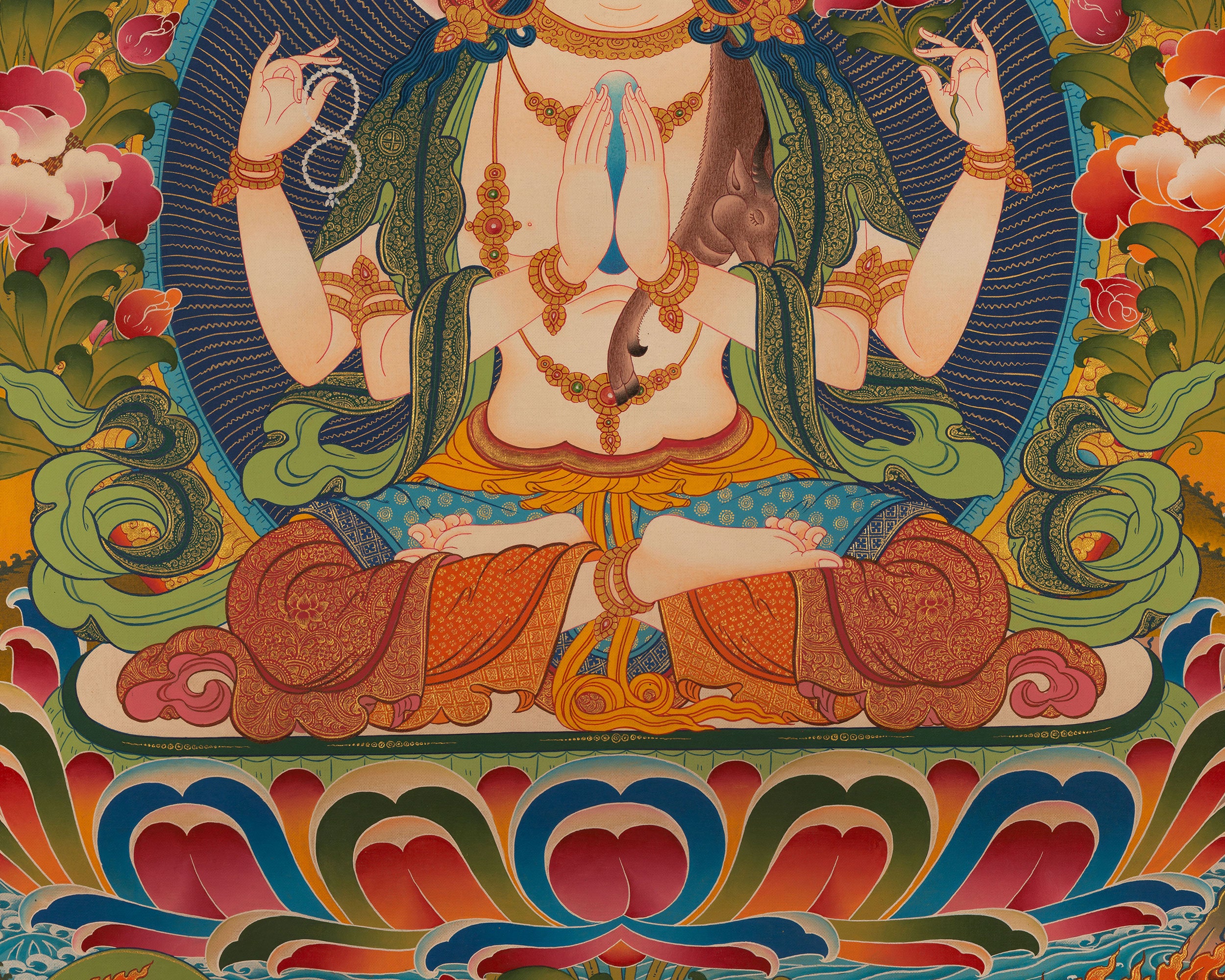 Bodhisattva Four-Armed Chenrezig Thangka | Hand-Painted Deity of Compassion and Mercy