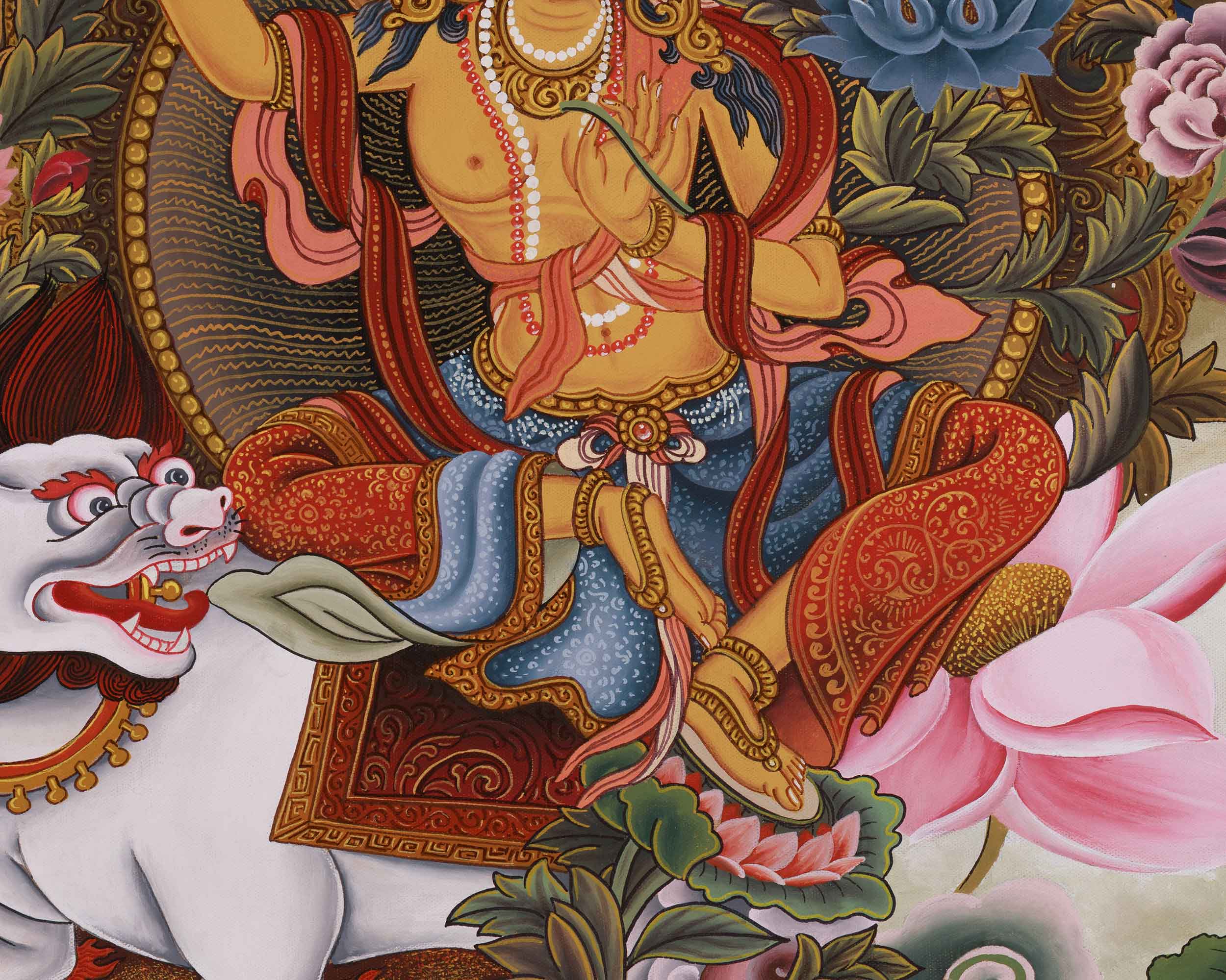 Simhanada Manjushri Thangka | Bodhisattva of Wisdom in Paubha Style