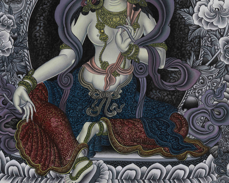 Signature Green Tara Thangka | Distinctive Blend of Color and Monochrome Serenity