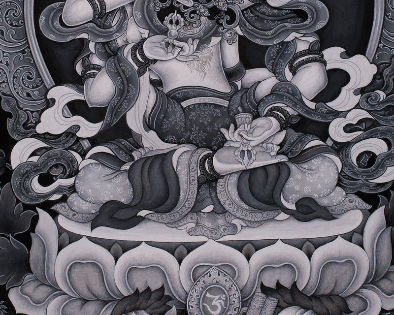 Black and White Vajrasattva Consort Painting | Traditional Paubha Artistry