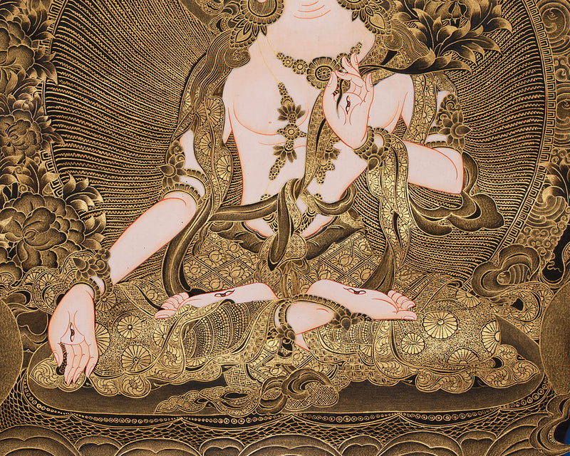 Golden Glow White Tara Female Buddha Thangka | A Testament to Spiritual Grandeur