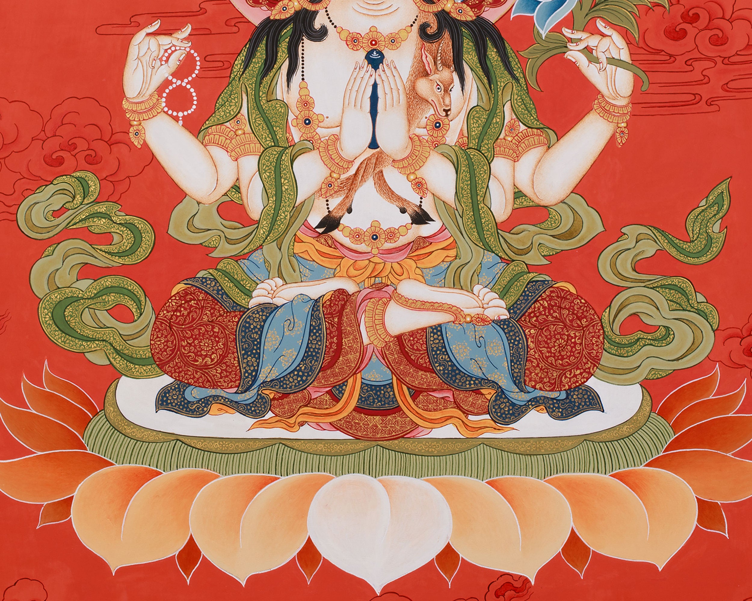 Thangka of Bodhisattva Chenrezig | Minimal Red Hues Artwok