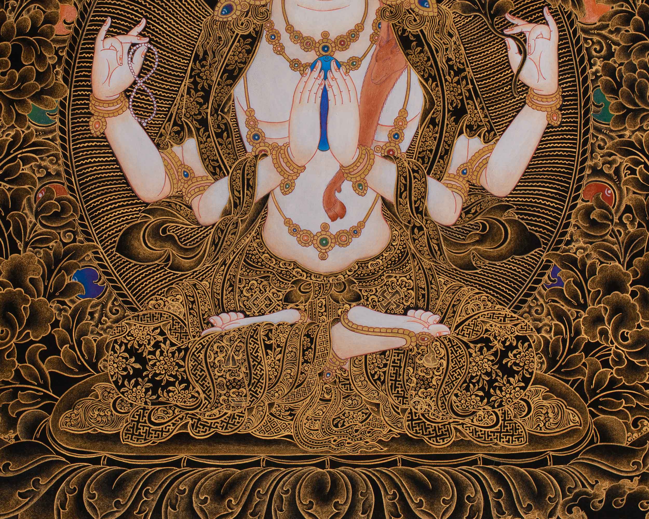 Tibetan Four-Armed Chenrezig Thangka | Compassionate Bodhisattva of Mercy