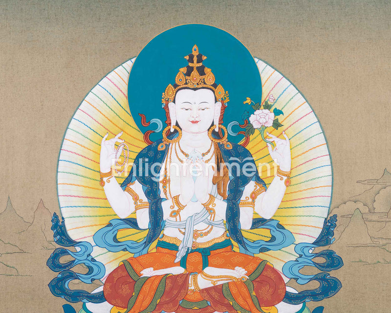 Chenresig Thangka  with Manjushri and Vajrapani | Deity of Compassion