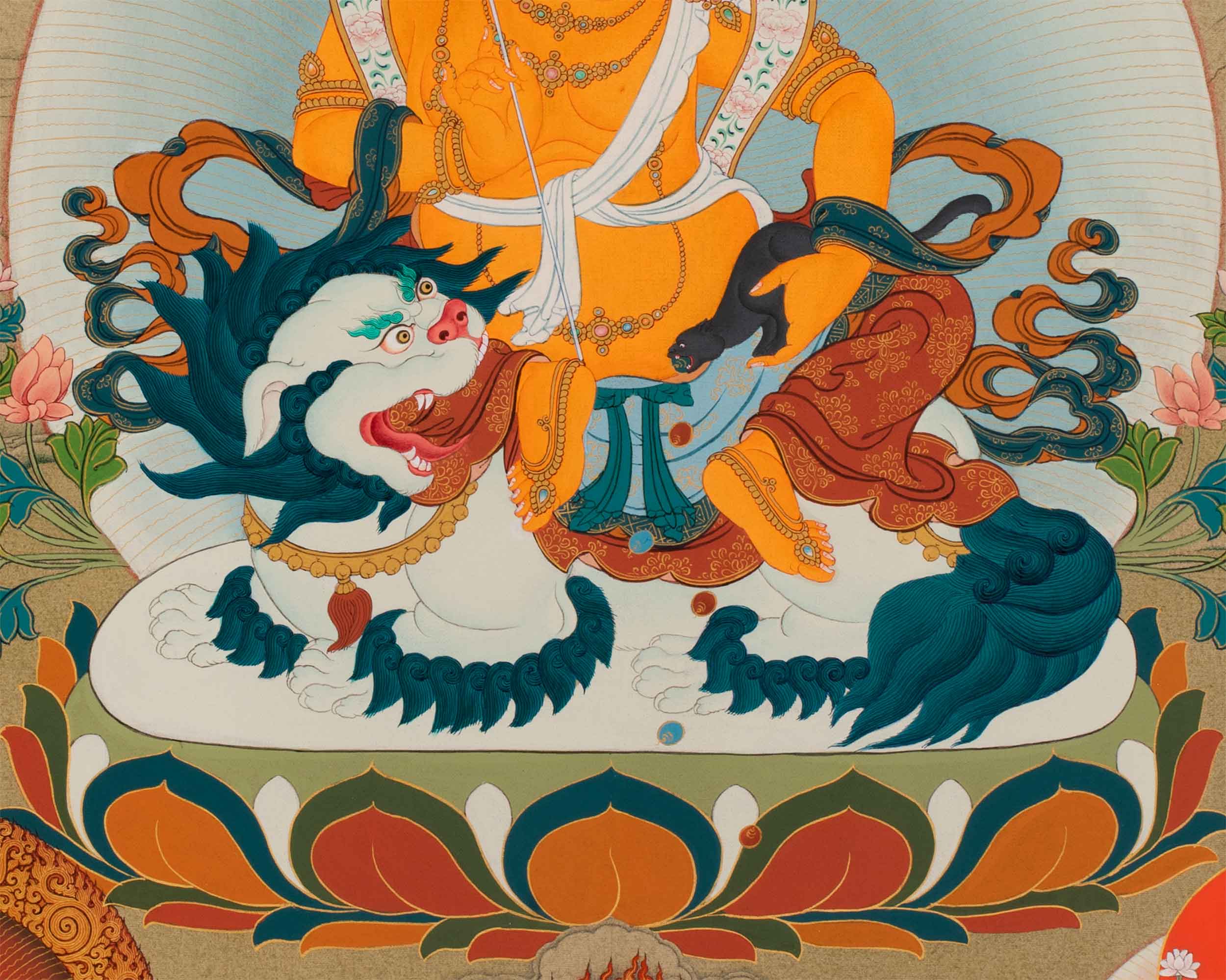 The Five Dzambhala Thangka - A Tapestry of Wealth and Abundance | Buddhist Wealth Deity Canvas