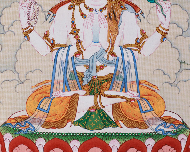 Hand-Painted 4 armed Avalokiteshvara Thangka | Buddhist Art of Compassion and Peace