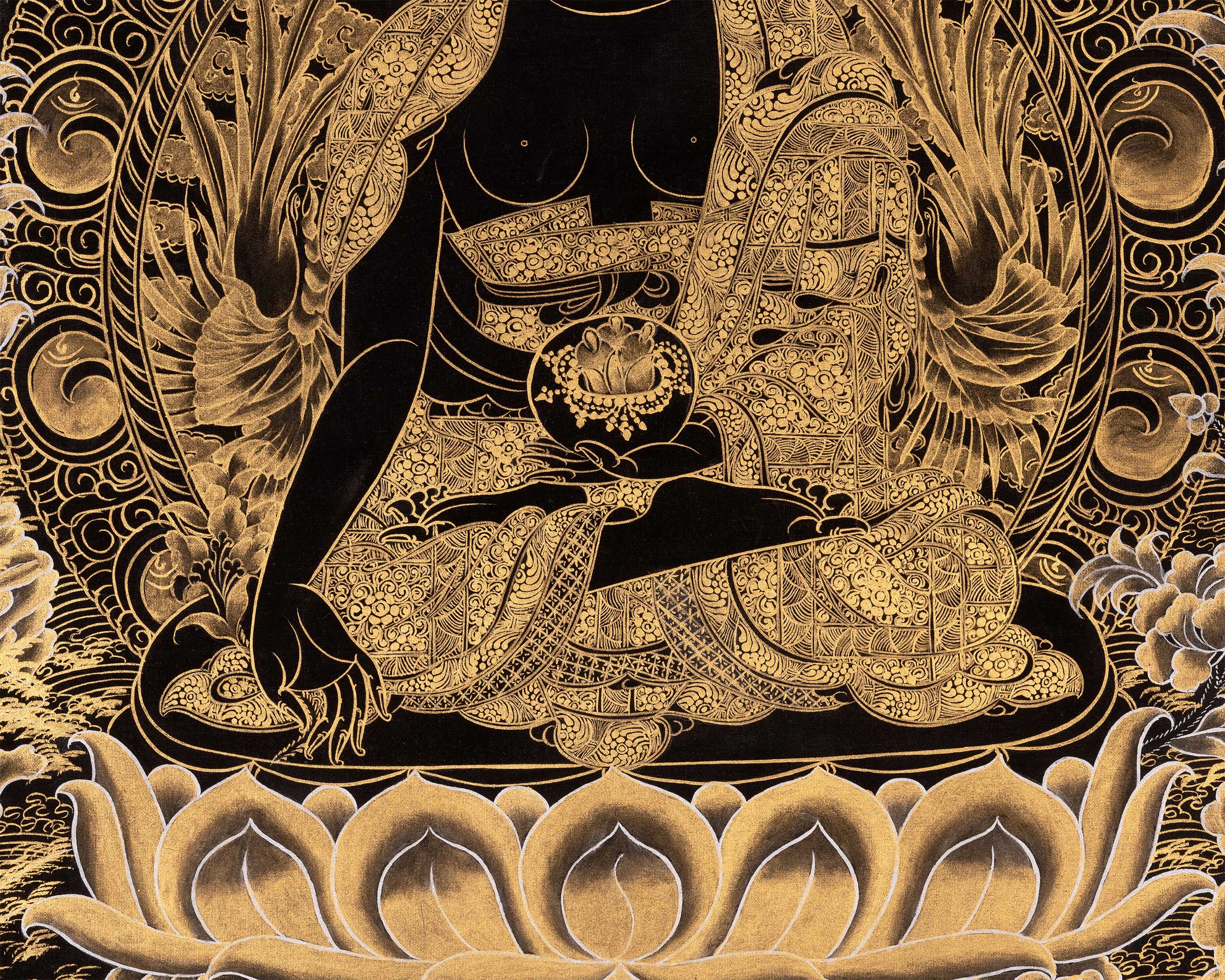 Black and Gold Style Medicine Buddha | Original Hand-Painted Tibetan Thanka | Healing Buddha |