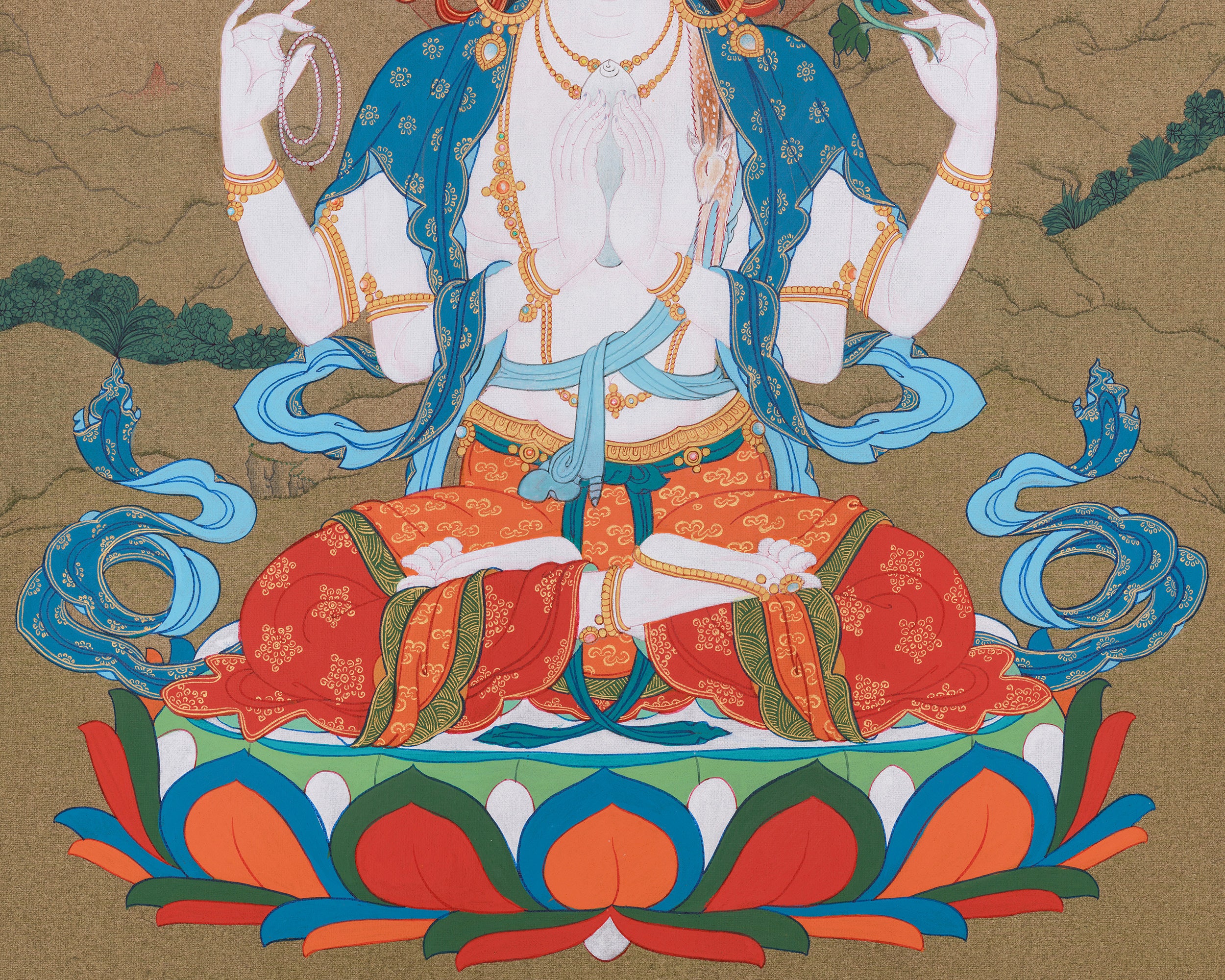 Compassion Buddha Thangka | Four-Armed Chenresig | Tibetan Spiritual Art