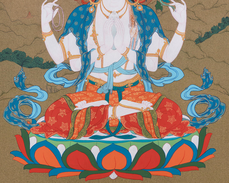 Compassion Buddha Thangka | Four-Armed Chenresig | Tibetan Spiritual Art