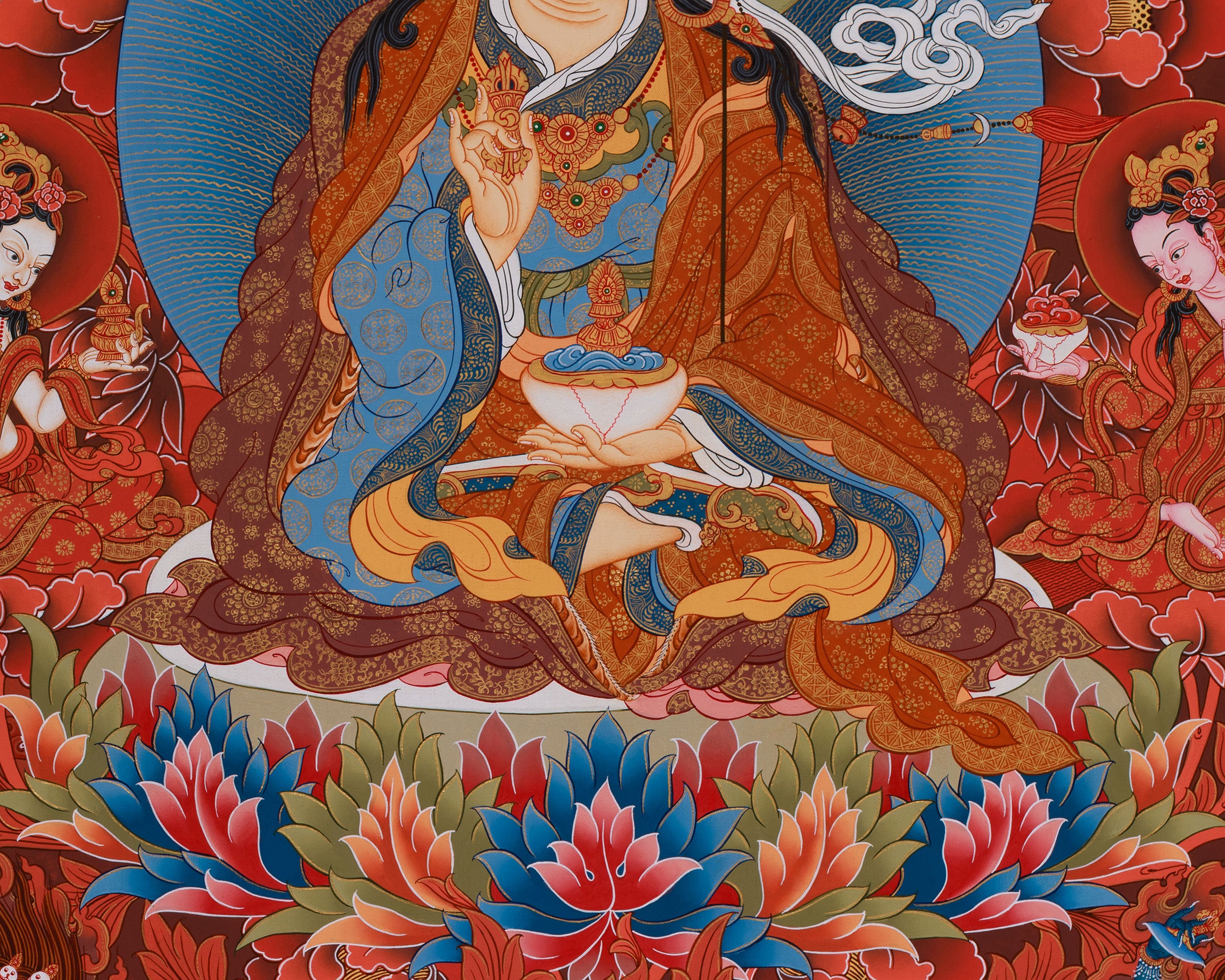 Peaceful Guru Tsokye Dorje | Red Hues Tibetan Artwork