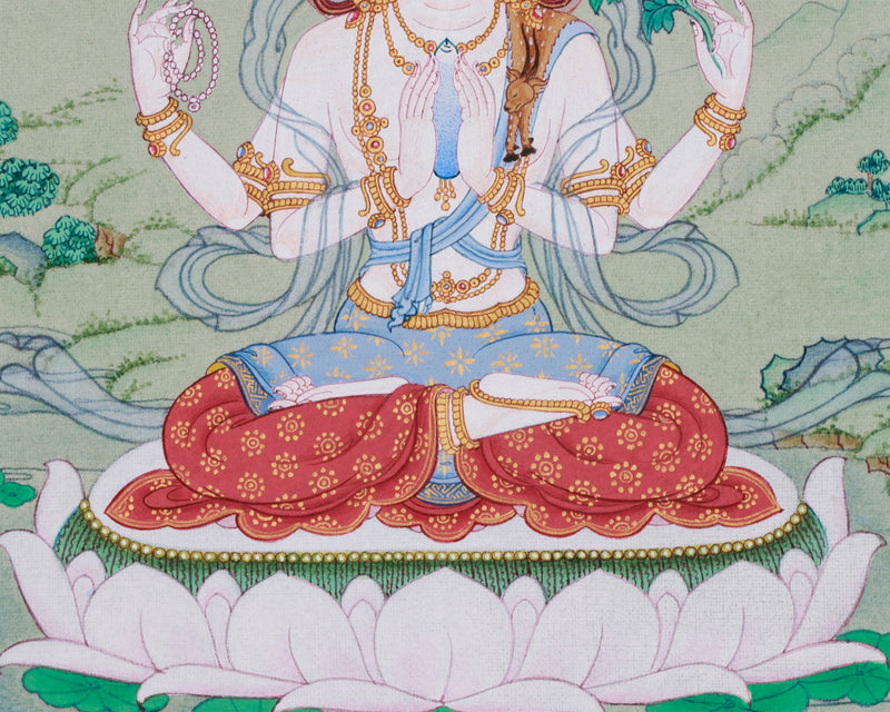 4-Armed Bodhisattva Chenrezig Thangka | Compact Sacred Artwork