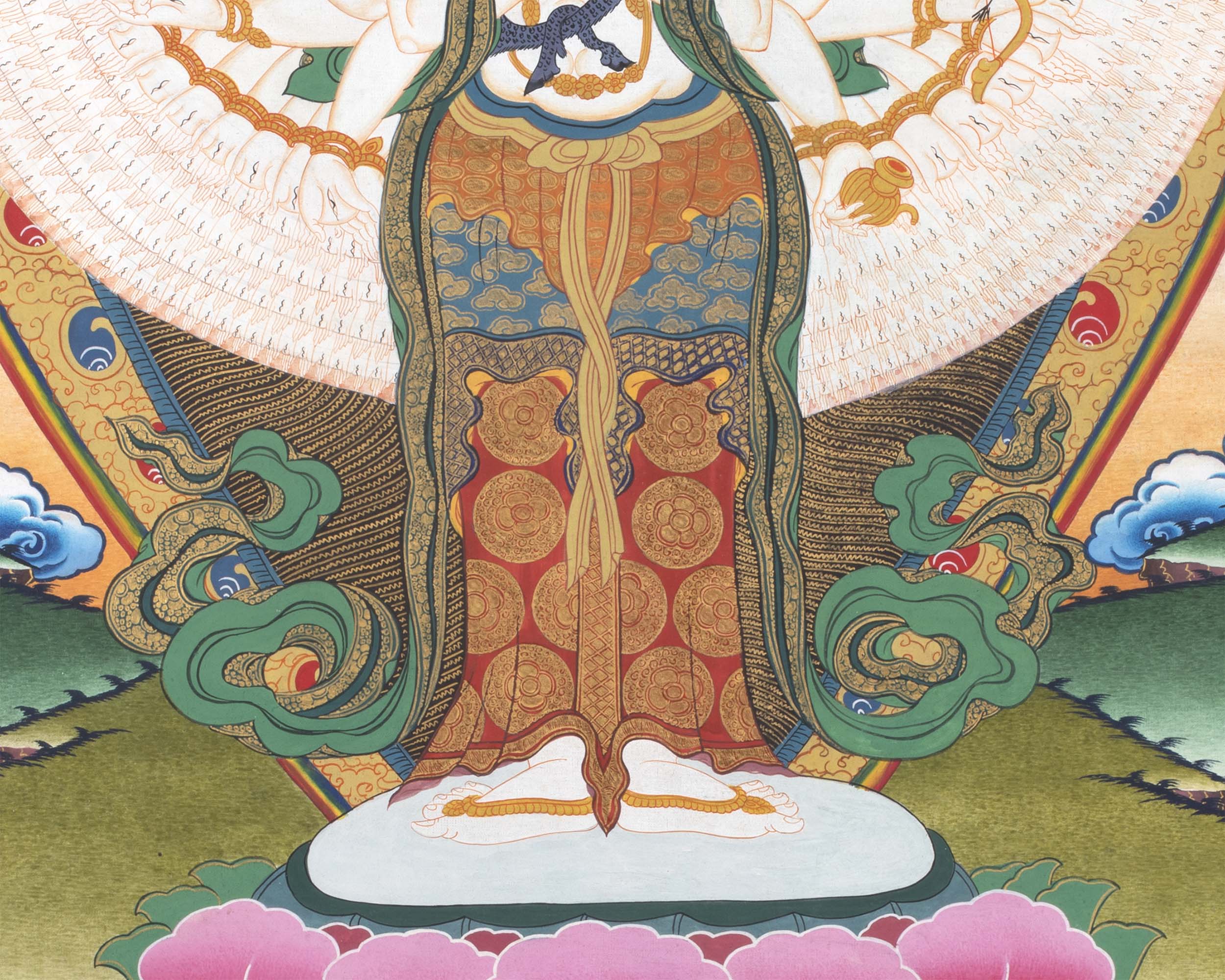 1000 Armed Chenrezig Thangka Print Surrounded by Celestial Deities | Traditional Buddhist Artwork