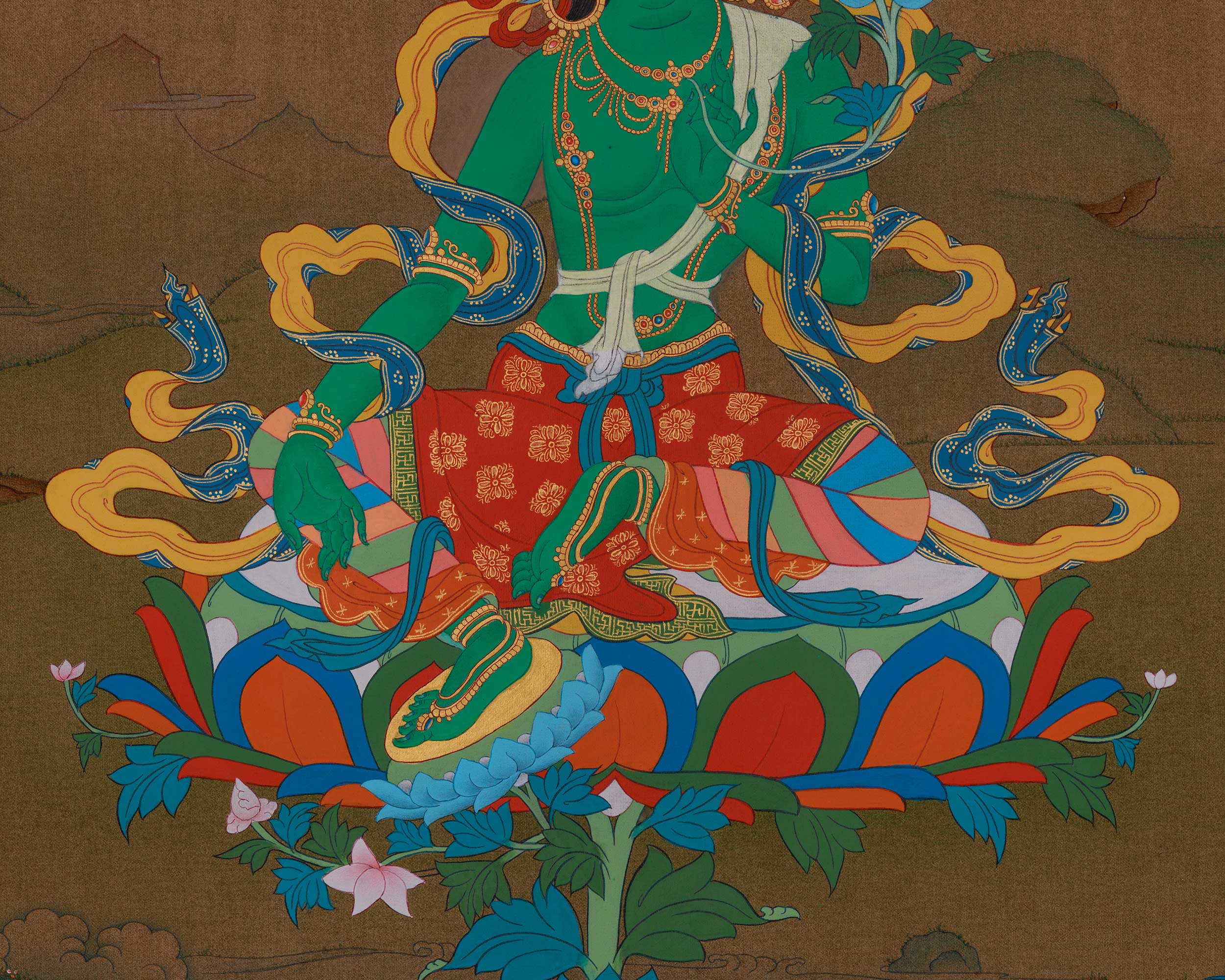 Spiritual Shyama Tara Thangka | Goddess Green Tara Artwork | Protection Deity