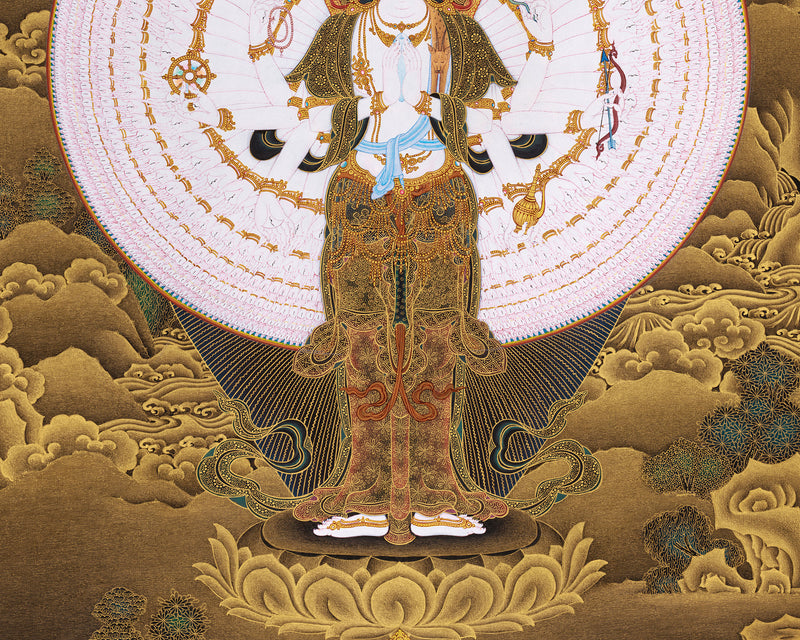 Namo Avalokiteshvara Thangka | Buddha of Compassion with Pure Gold Detailing