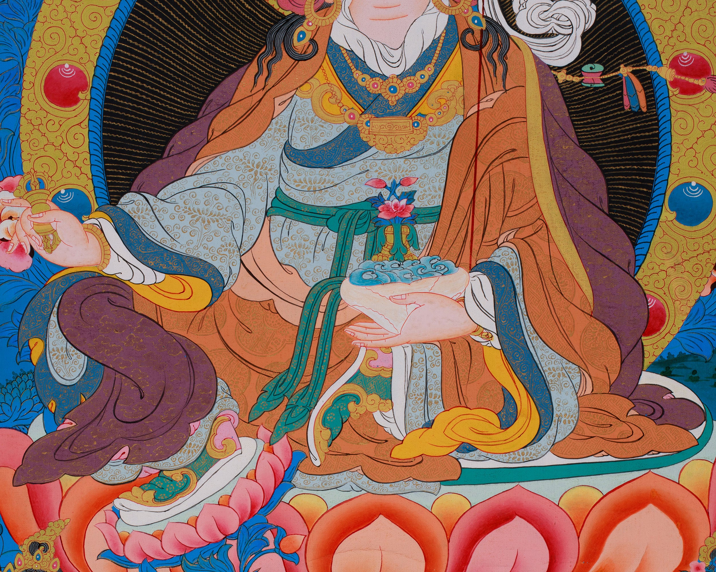 Guru Padmasambhava Artwork | Tibetan Thangka with Enlightened Beings and 24K Gold Detailing