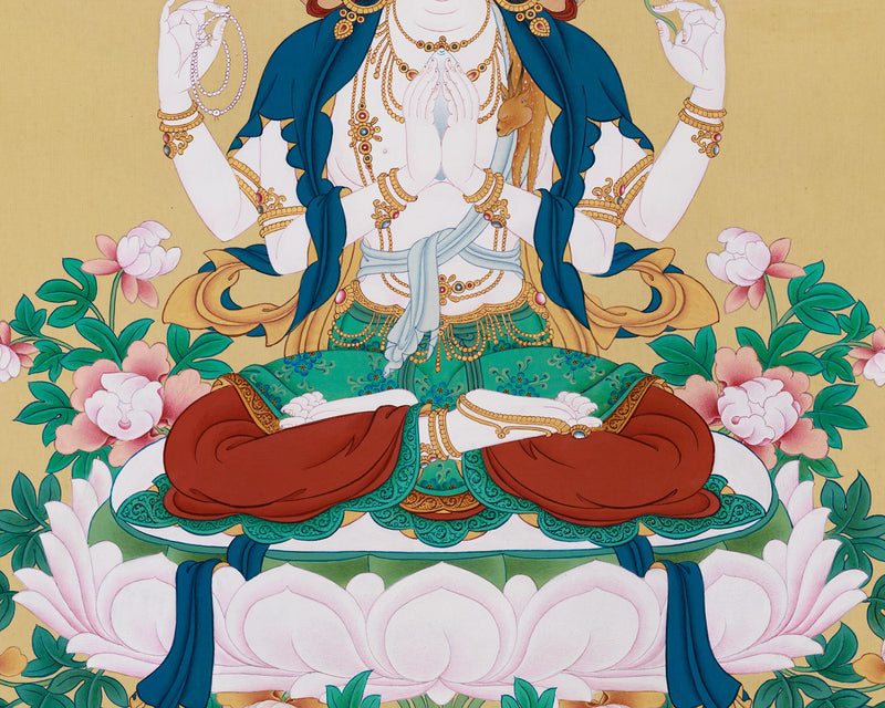 Om Mani Padme Hum Avalokiteshvara Thangka | Traditional Tibetan Depiction of Compassion