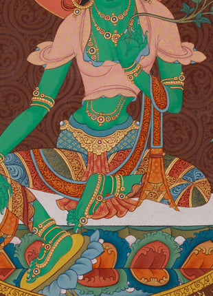 Elegant Green Tara Mantra Mandala | Embellished with Lhasa Stone Pigments & 24K Gold
