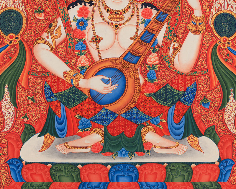 Maa Saraswati Thangka | Digital Canvas Print of Paubha Painting