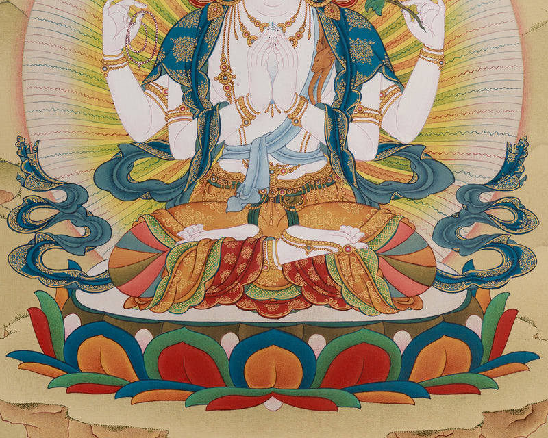 Avalokiteshvara Thangka with Manjushri & Vajrapani: Authentic stone Colors from Tibet