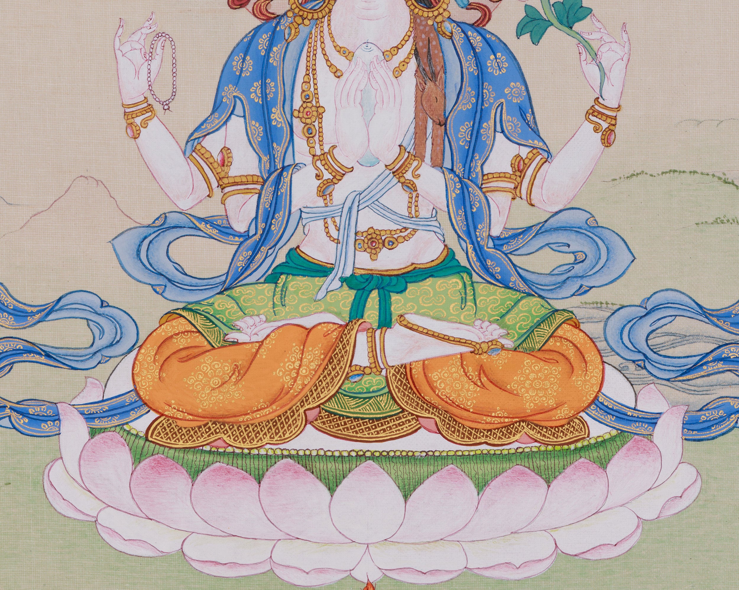 Compact 4-Armed Chenrezig Buddha Thangka, "Om Mani Padme Hum"
