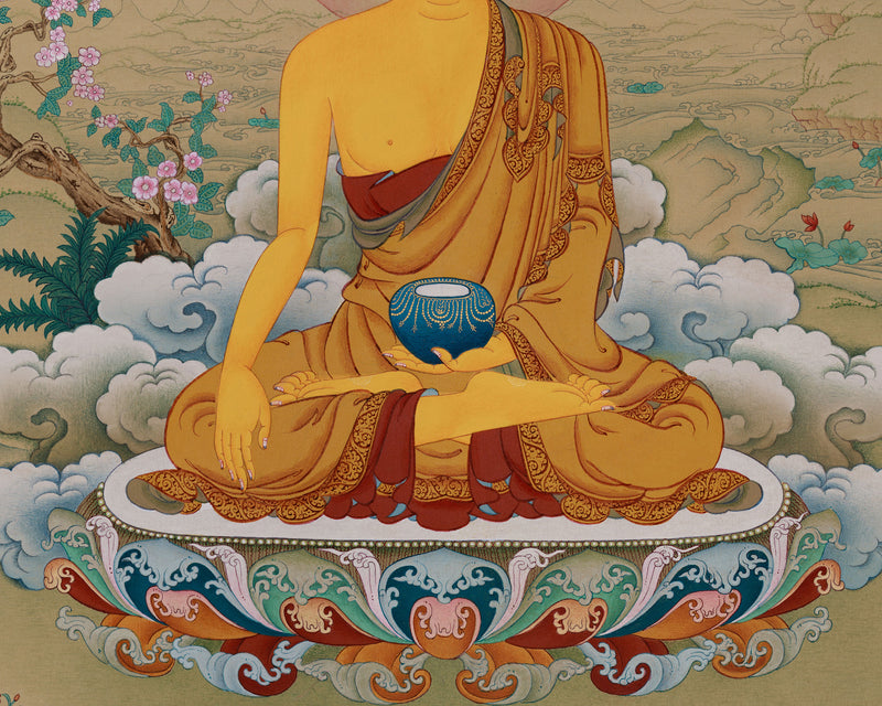 Enlightened Buddha Shakyamuni Thangka | The Sage of the Shakya | Artistic Elegence in Lhasa Stone Hues