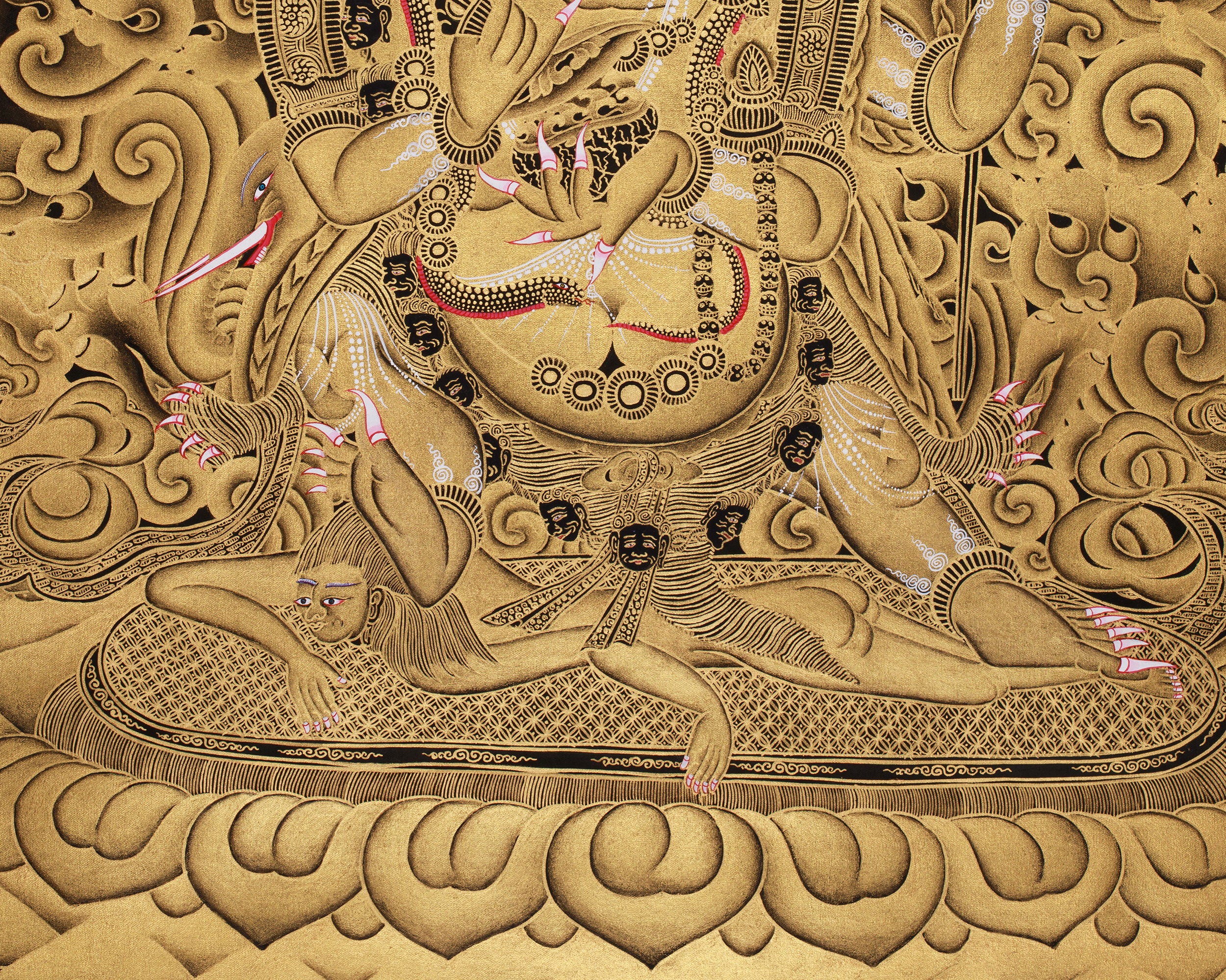 Fierce Protector Mahakala Thangka | Masterful Gold Detail on Black Canvas