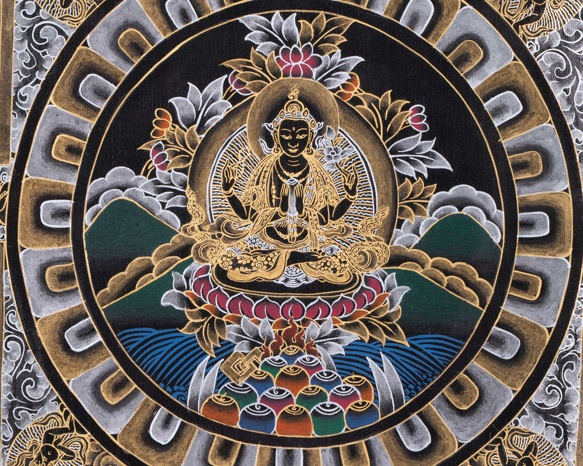 Original Hand Painted Black And Gold Style Chengrezig Mandala Thangka | Tibetan Buddhist Meditation And Yoga Art |