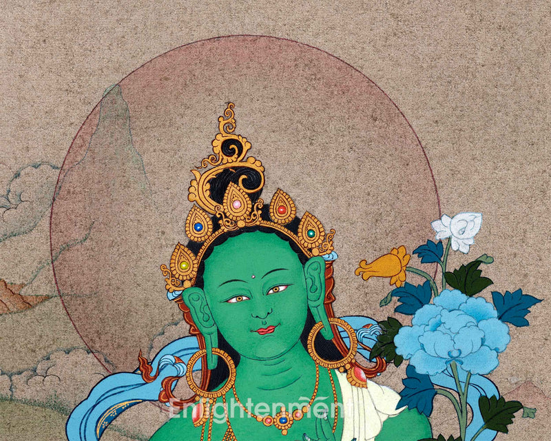 Green Tara's Serene Blessings | Goddess of Compassion in Thangka Art | Religious Decoration