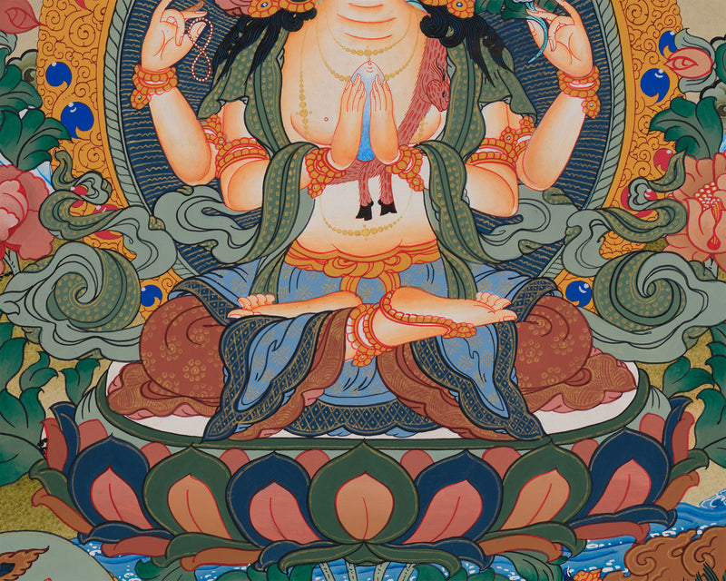 Avalokiteshvara Thangka with Buddhas and Bodhisattvas | Hand-Painted Himalayan Art