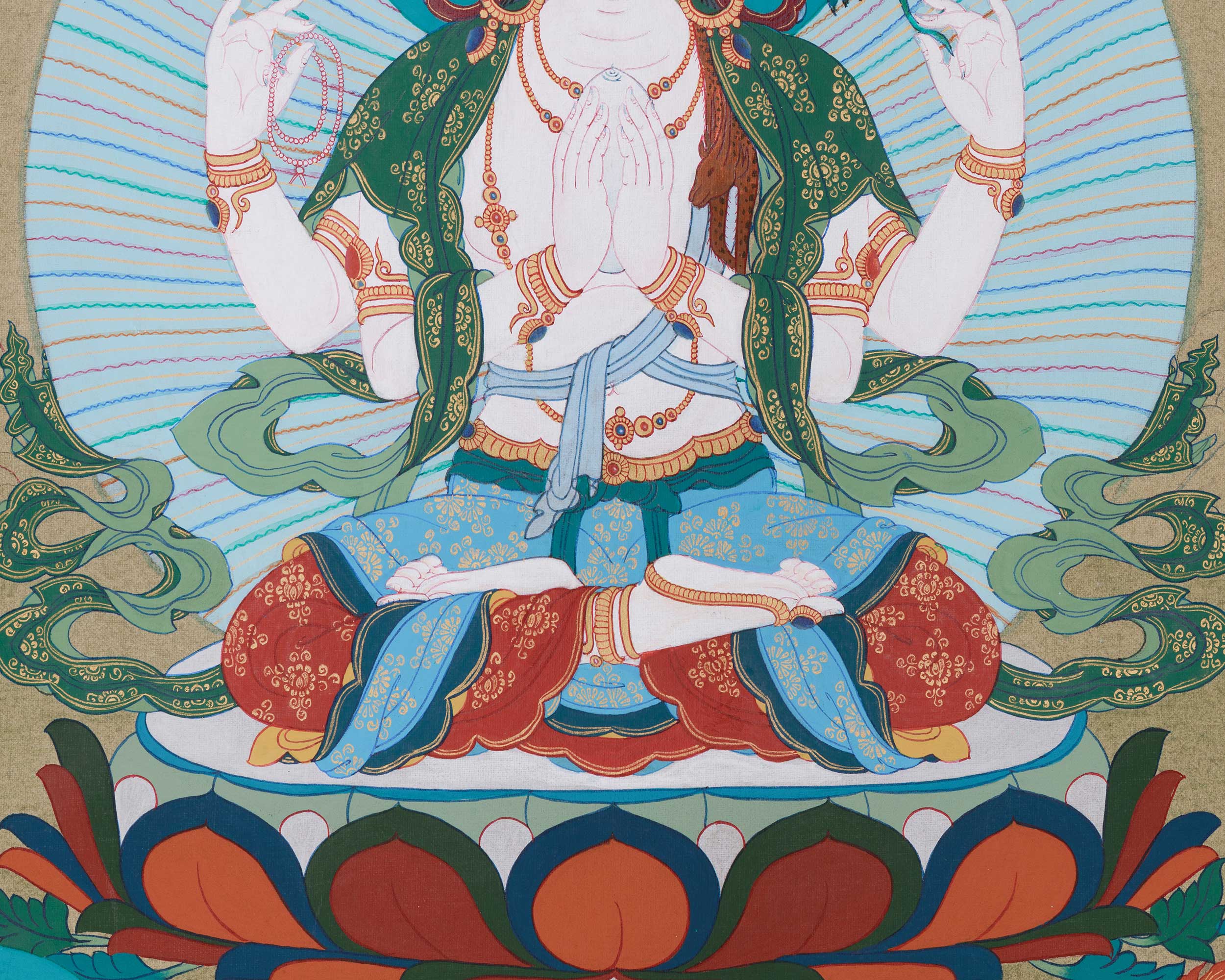Tibetan Compassion Deity, Chenrezig | Four-Armed Avalokiteshvara Thangka
