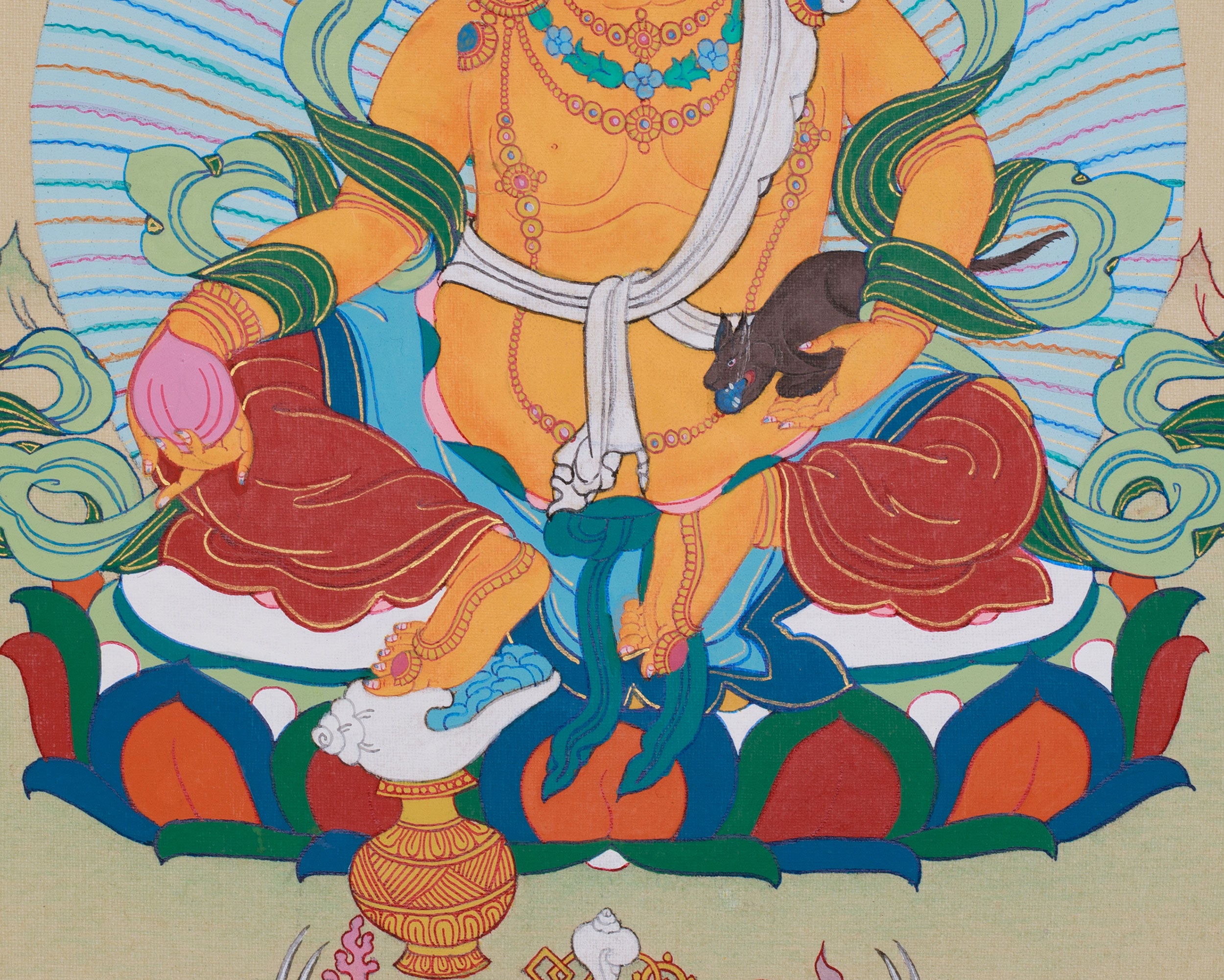 Sacred 12-Inch Dzambhala Thangka | The Tibetan God of Wealth, Fortune, and Generosity