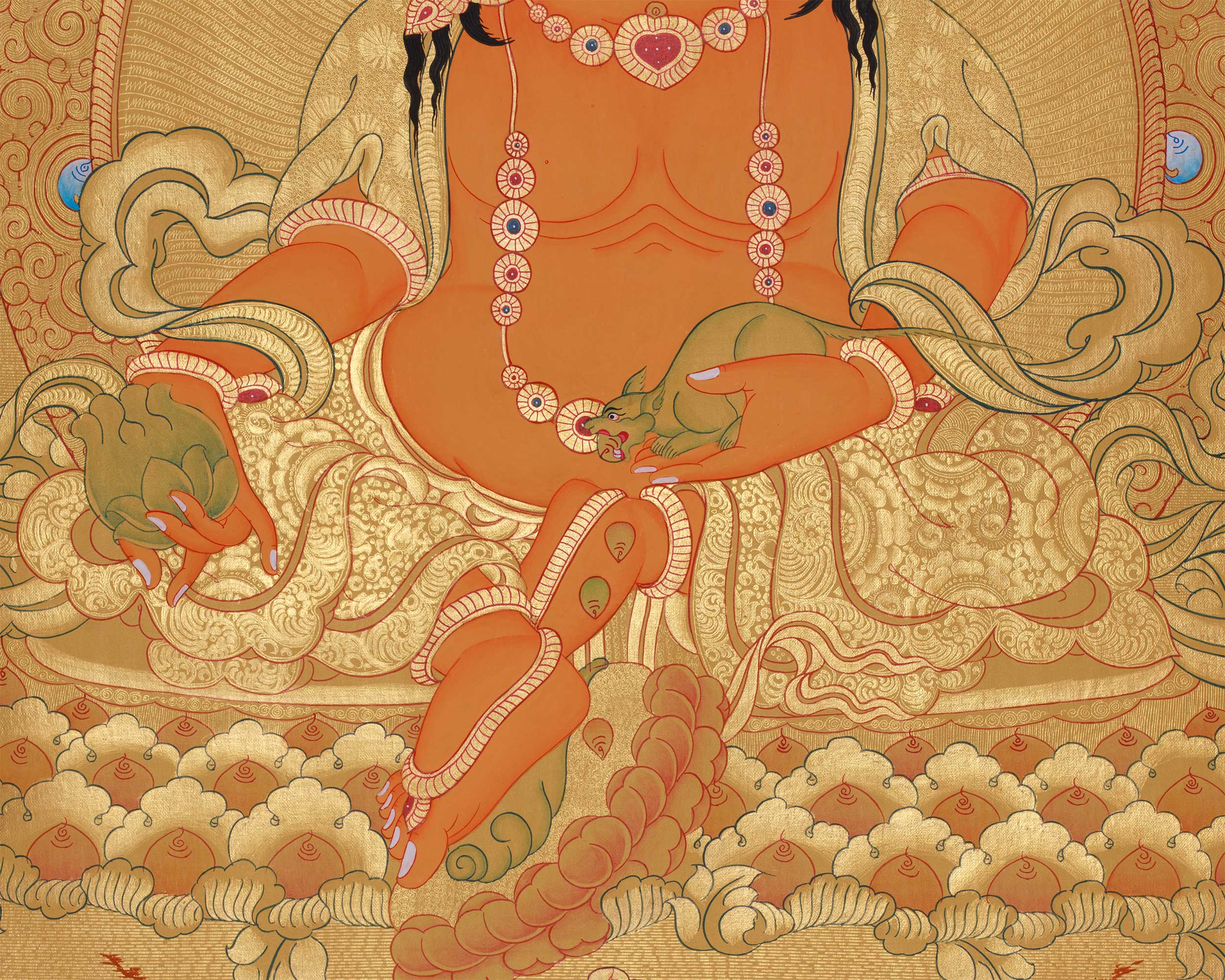 Full Gold Dzambala With Five Dhyani Buddhas | Kubera Thangka |