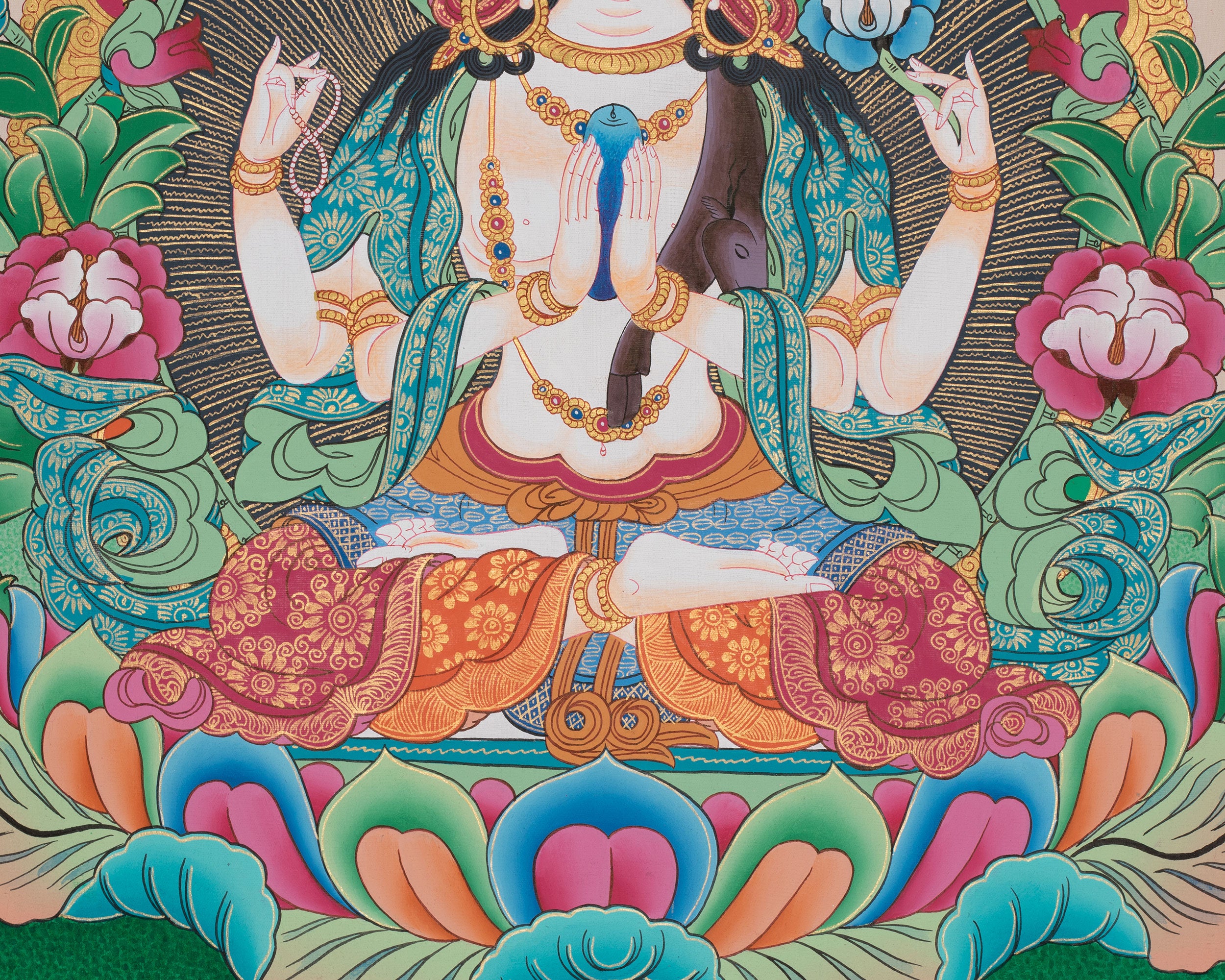 Four Armed Chengrezig Thangka | Original Hand-Painted Bodhisattva Artwork