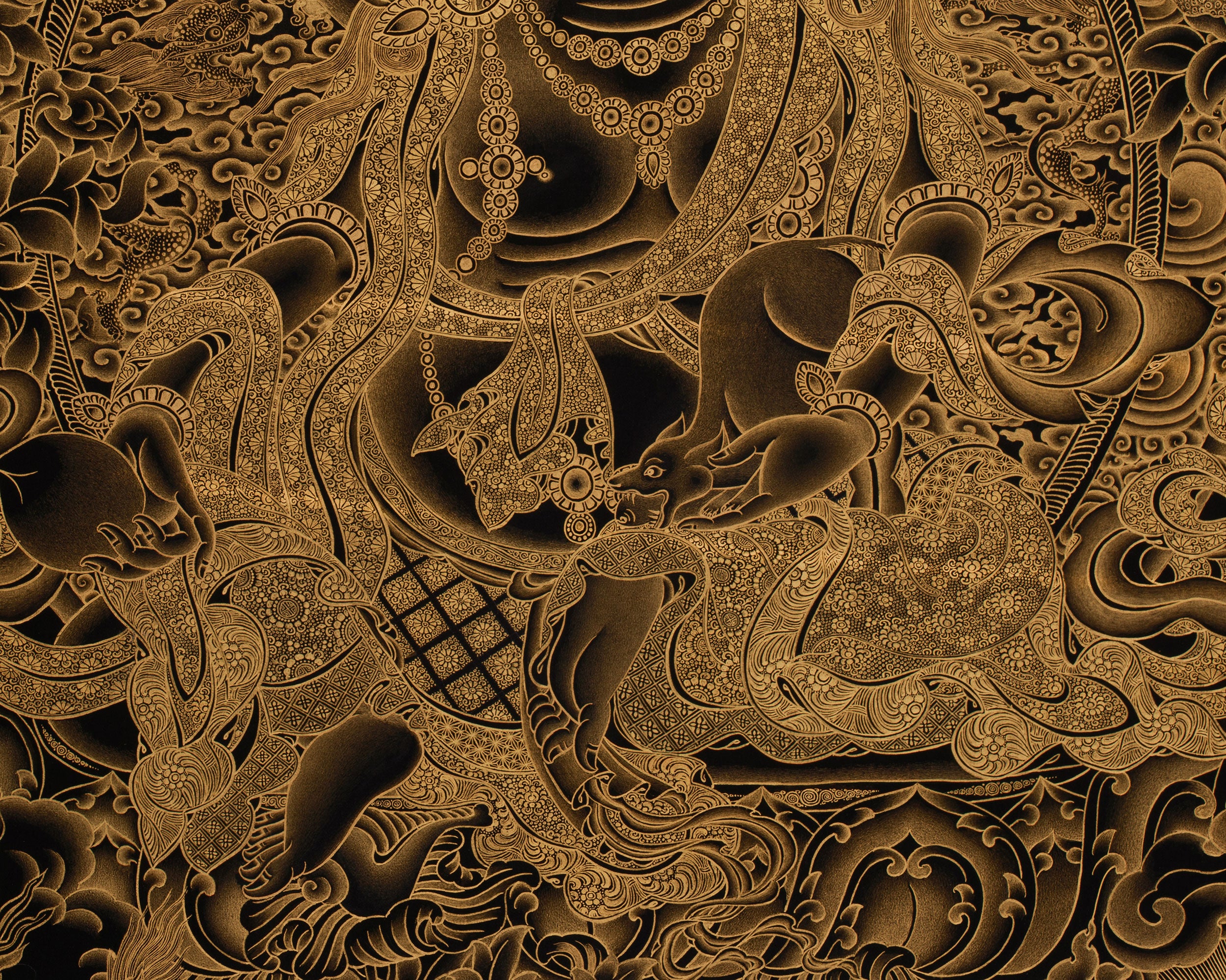 Gold on Black Five Dzambhalas Thangka | Hand-Painted Tibetan Wealth Deities